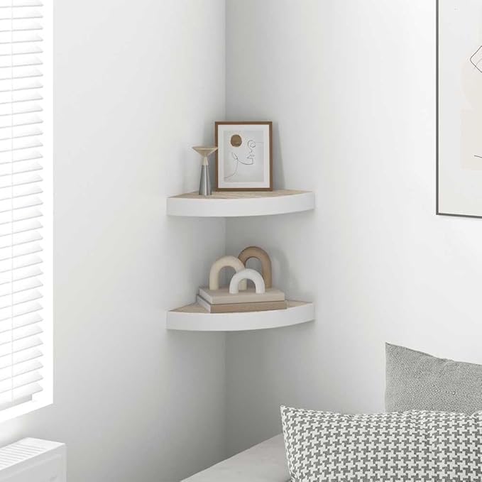 Wall Corner Shelf Set of 2, Small Floating Shelves for Bedroom Living Room, Modern Oak and White Honeycomb MDF Decorative Storage Display Organizer