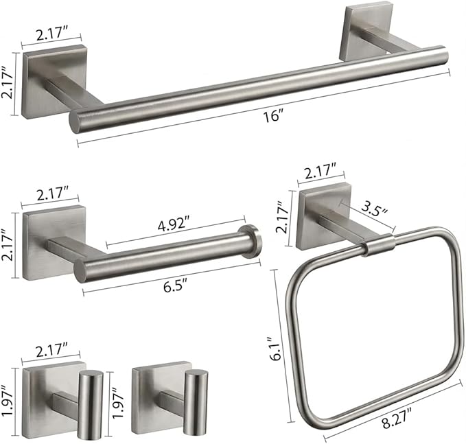 16" Brushed Nickel Bathroom Hardware Set 5-Piece, Fingerprint-Free SUS304 Stainless Steel Towel Bar for Small Bath & RV, Modern Square Bath Accessories Kit (Brushed Nickel)