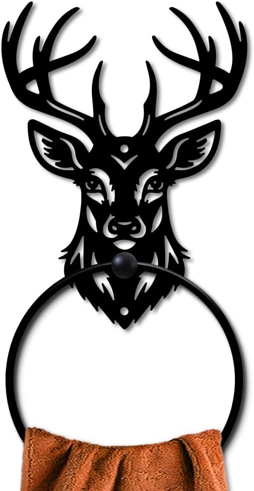 MAYJOYDIY Deer Animal Metal Towel Ring Deer Head Towel Holder Elk Antler Wall Decor Towel Hanger Black Art Custom Towel Rack Wall Mounted for Bathroom Kitchen Home Decors Gift