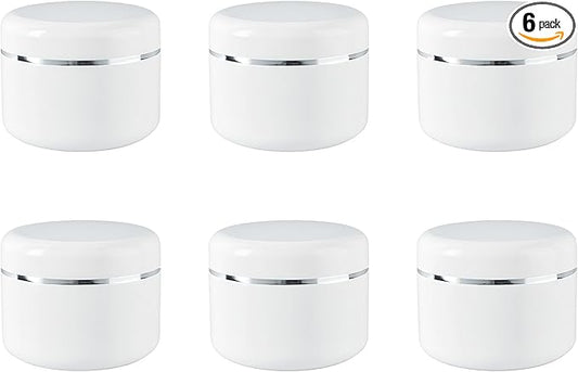 Empty White Silver Edge Portable Refillable Plastic Cosmetic Makeup Face Cream Jar Sample Container Bottle Pot (100ml(3.4oz)-6PCS)