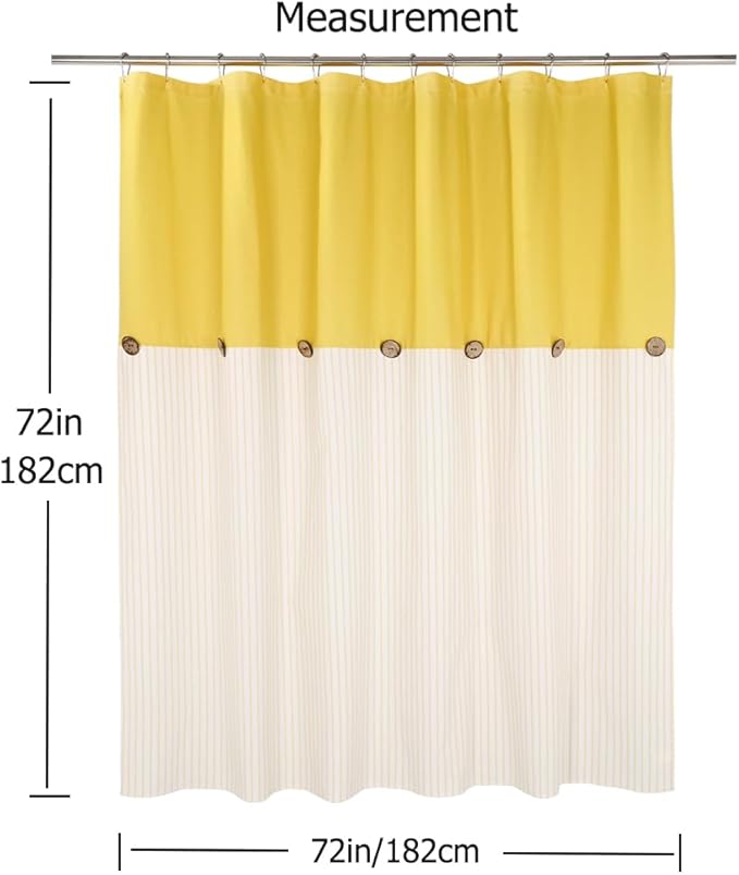 Farmhouse Yellow Shower Curtain,Beige and Yellow Stripe,Button Curtain,Linen and Cotton Woven Fabric,Rustic Charm Country Chic Style,72x72 in