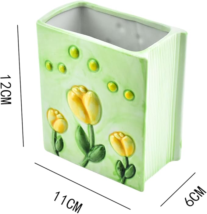 Ceramic Book Shaped Tulip Pattern Cosmetic Storage Box, Desktop Organizers Make Up Brush Storage Stand Desktop Storage Box for Brush,Pencil,Art Supplies, Painting Brush (Green)