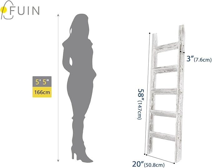 FUIN 5ft (58") Wood Blanket Ladder Living Room Decorative Wall Leaning Farmhouse Quilt Display Holder Wooden Towel Rack for Bathroom, Rustic White