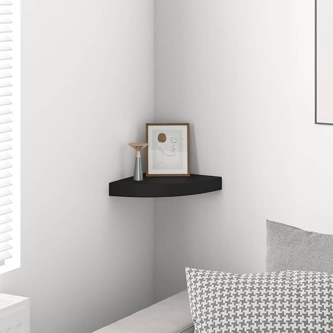 Floating Corner Shelf Wall Mounted, Small Triangular Storage Organizer for Bedroom Living Room, Matte Black MDF Wood Display Rack for Home Decor Books Photos