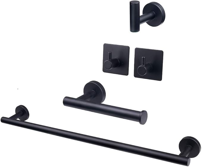 TocTen 5 PCS Bathroom Hardware Set SUS304 Stainless Steel-Towel Rack Set Include Lengthen Hand Towel Bar+Toilet Paper Holder+3 Robe Towel Hooks Bathroom Accessories Towel Bar Set(Matte Black,16IN)