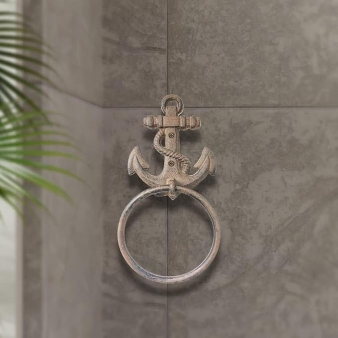 Comfy Hour Nautical Anchor Towel Ring, Decorative Cast Iron Hand Towel Holder for Bathroom, Vintage Coastal Wall Mount Maritime Decor for Beach House, Brown, 1 Piece