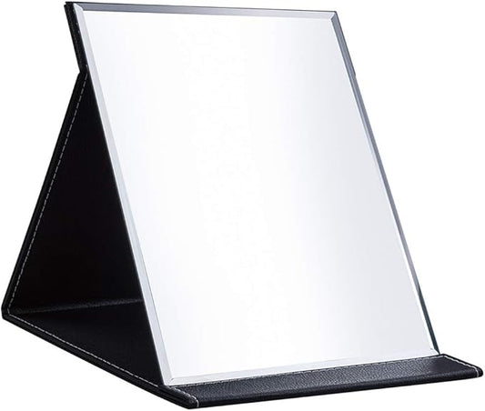 LONGSHENG - SINCE 2001 - Protable PU Leather Mirror Folding Desktop Makeup Mirror with Adjustable Stand for Personal Use,Travelling (L, Black)