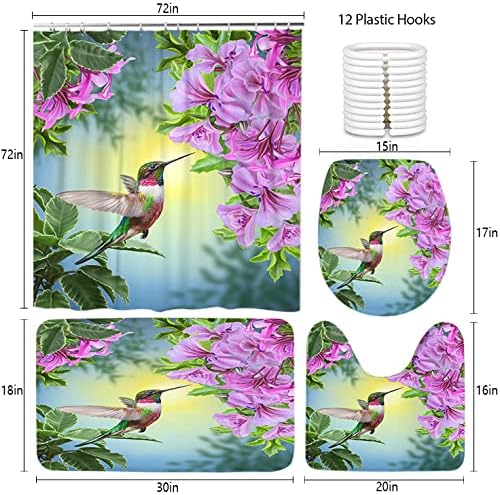 LOKMU 4 Pcs Shower Curtain Sets with Non-Slip Rugs, Toilet Lid Cover and Bath Mat,Hummingbirds and Flowers Waterproof Shower Curtain with 12 Hooks, Bathroom Decor Sets, 72" x 72"