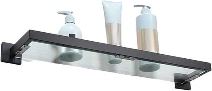 Glass Bathroom Shelf Wall Mounted, 22.32-Inch, 8mm Thick Tempered Glass, Modern Square Design, Matte Black