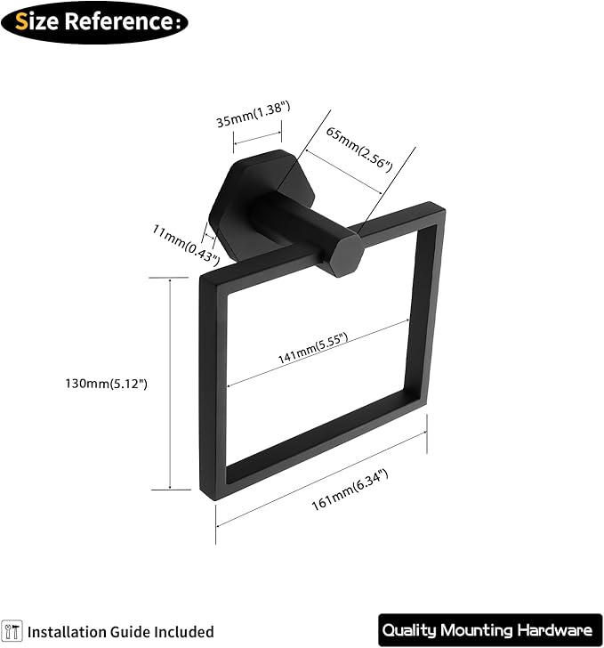 GERZWY SUS 304 Stainless Steel Hand Towel Holder Matte Black Modern Bathroom Towel Ring Wall Mounted