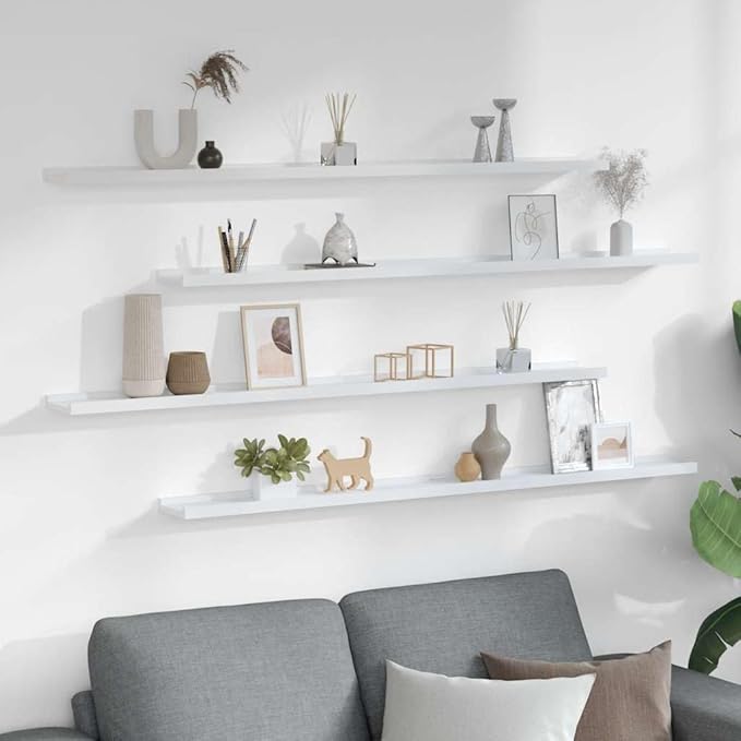 Set of 4 Floating Shelves for Wall, 45.3 inch Long MDF Wall Mounted Storage Shelves, Modern Display Ledge for Bedroom, Living Room and Office, White