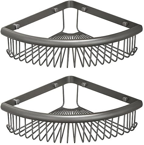 Bathroom Shelves, Wall-Mounted Corner Shelves, Double Triangular Storage Shelves, Grey - Double Shelves with Hooks