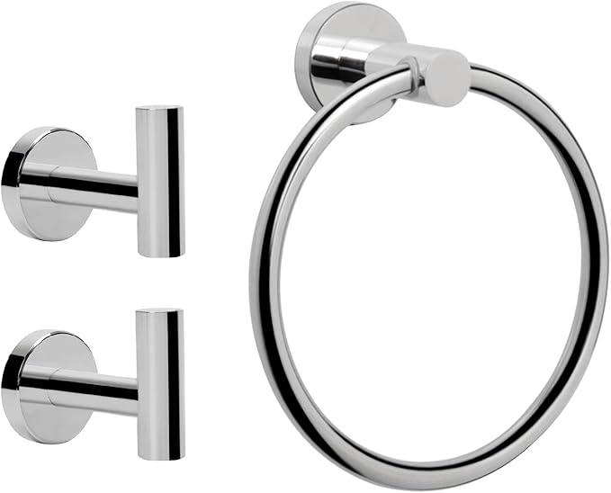 NearMoon 3 Pieces Bathroom Hardware Set, Bath Towel Ring and 2 Towel Hooks- Stainless Steel Hand Towel Hanger and Robe Hooks Accessories, Wall Mounted (Chrome Finish)