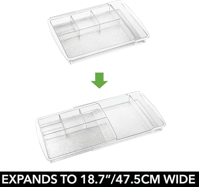 mDesign Expandable Makeup Organizer for Bathroom Drawers, Vanities, Countertops: Organize Makeup Brushes, Eyeshadow Palettes, Lipstick, Lip Gloss, Blush, Concealer - Adjustable Width, 2 Pack - Clear