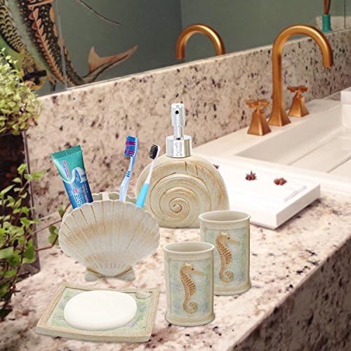 Set, 5 PCS Beach Seashells Ensemble Set Includs Soap Dispenser, Soap Dish, Tumbler, Toothbrush Holder - Ivory Polyresin Set for Home, Office, Superior Hotel