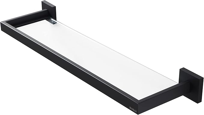 Bathroom Shelf, Glass Shelf for Bathroom, 22.32 Inch Large, 8mm Extra Thick Tempered Glass Shelves Wall Mounted, Square Modern Rectangular, Matte Black,No Assembly, 071090-MB