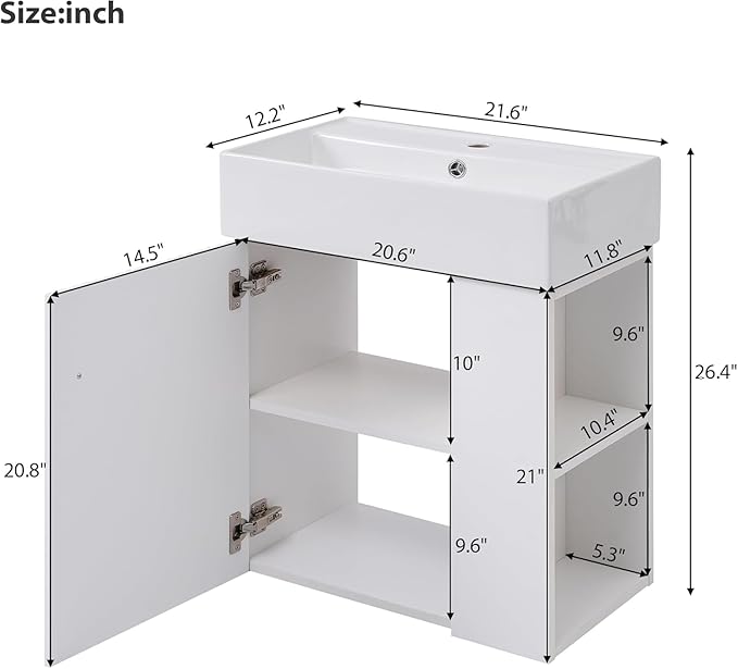Virubi 21.6 in Floating Bathroom Vanity with Sink,Soft Closing Doors,Solid Wood Frame & MDF Modern Single Small White Bathroom Vanity Cabinet with Open Shelf,Wall Mounted