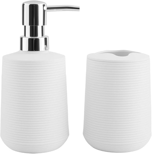 Bathroom Accessories Set 2 Piece, Matte White Bathroom Accessories with Soap Dispenser and Toothbrush Holder, Striped Pattern Bathroom Set for Modern Bathroom Decor