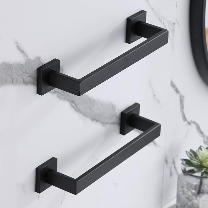 LANC 12 Inche 2PCS Bathroom Towel Bars, Matte Black Square Bathroom Towel Racks Hand Towel Holders, Total-14 Stainless Steel Wall Mount Shower Towel Rail Towel Hanger Rods,A8804-3MB