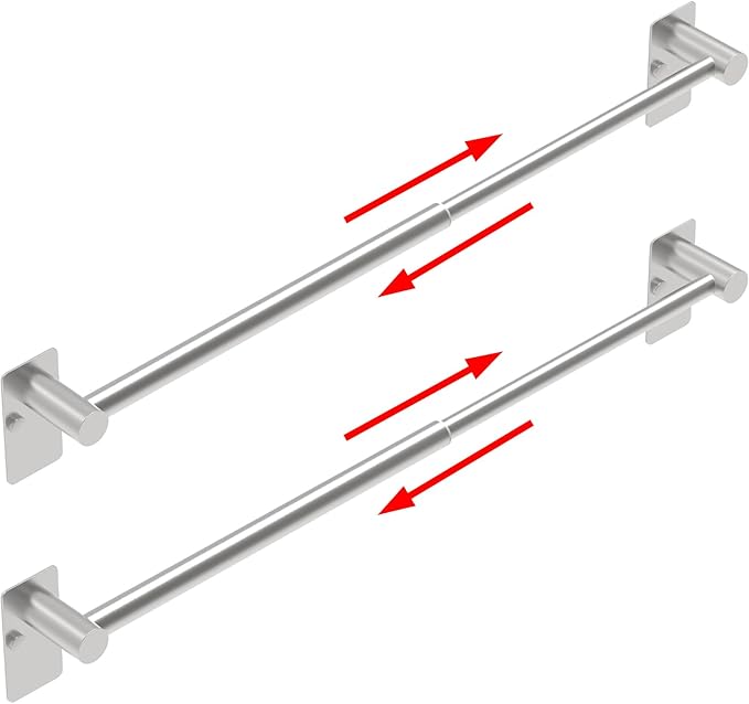 Towel Bar, 14inch to 25inch Adjustable Towel Holder Rod, Self Adhesive Wall Mounted Hand or Body Towel Rack for Bathroom Kitchen, Stainless Steel Organizer Single Bar (Brushed Nickel, 2 Pack)