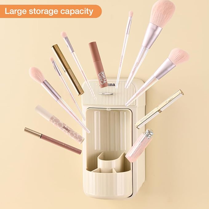 Motomatic Makeup Brush Organizer - Makeup Brush Holder Organizer with 360° Rotating Lid, Wall Mounted Brush Holder Space Saver, 4 Slot Large Storage Capacity Makeup Organizer Waterproof(Cream)