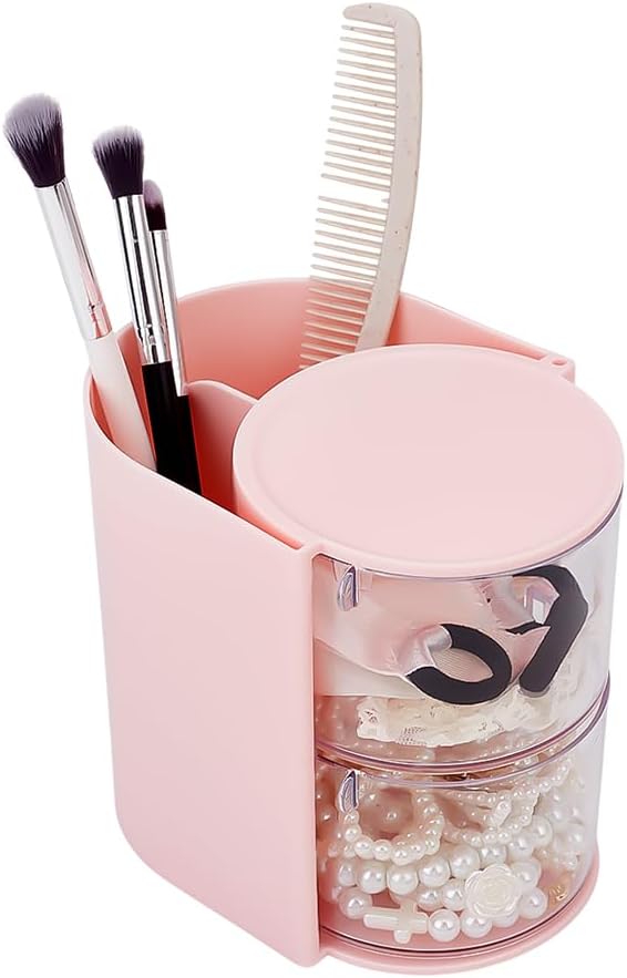 2-Layers Plastic Makeup Puff Storage Box Rotating Cosmetic Storage Organizer Clear Hair Accessories Organizer Hair Brushes Holder Jewelry Box for Necklace Earring Desktop Case Pink