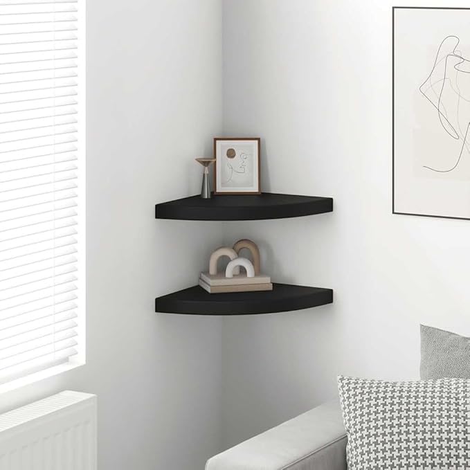 Corner Shelf Set of 2, Floating Wall Shelves for Bedroom Living Room, 14-Inch Triangular MDF Storage Organizer, Modern Black Matte Display Shelves