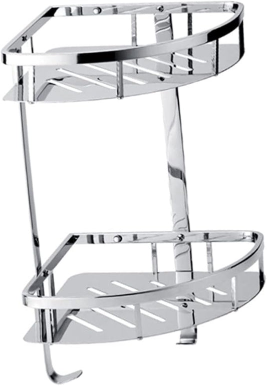 PRETYZOOM Stainless Steel Double Layer Corner Storage Rack Thickened Triangle Bathroom Shelf Organizer with Hollow Out Design for Efficient Space Utilization