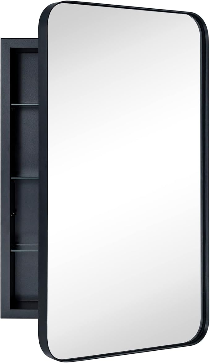 Matt Black Rectangle Recessed Bathroom Medicine Cabinet with Mirror Stainless Steel Metal Framed Rounded Rectangular Bathroom Cabinet with Mirror 16.5x27.5''