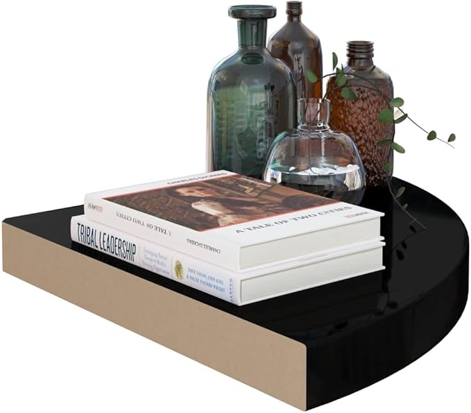 Floating Corner Shelves 2-Pack 13.8x13.8 Inch Wall Mounted Shelves High Gloss Black, Honeycomb MDF & Metal Bathroom Bedroom Shelving for Storage Books Decor