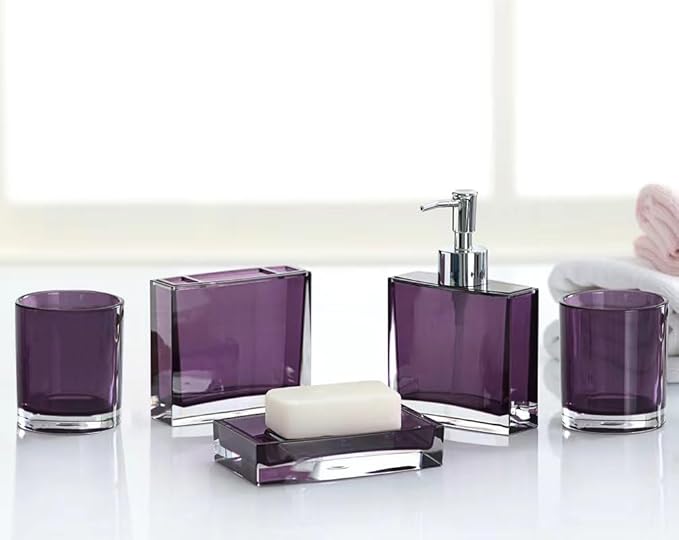 Purple Bathroom Accessories Set - 5 Pcs Acrylic Bathroom Accessory Set - Toothbrush Holder, 2 Toothbrush Cups,soap Dispenser, soap Dish for Bathroom(Purple)