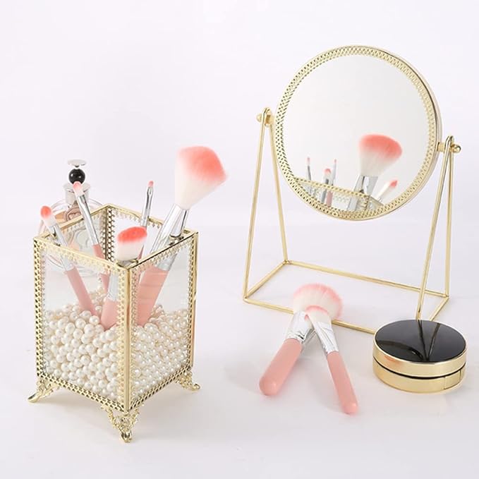HKS Makeup Brush Holder Vintage Glass Handmade Organizer with White Pearls for Nail Brush, Vanity, Bathroom, Dresser, Countertop - Gold