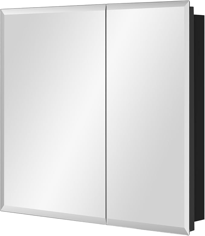 IDYLLOR Black Bathroom Medicine Cabinet with Beveled Edge Mirrored Door 30 x 26 inch, Recessed or Surface Mount, with Adjustable Glass Shelves