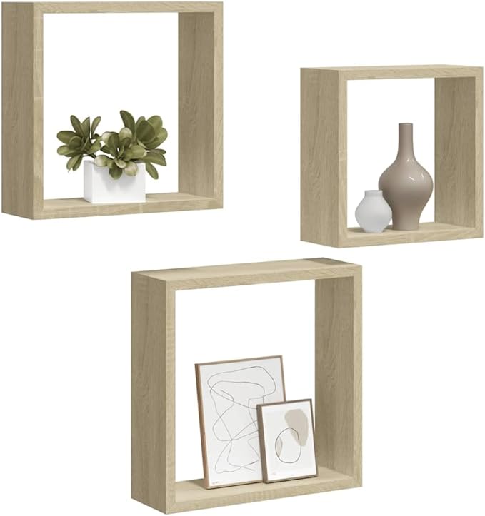Wall Cube Shelf Set of 3, Floating Shelves for Wall Decor, Sonoma Oak Wood Storage Organizer, Modern Display Shelves for Living Room Bedroom, Square Decorative Shelving