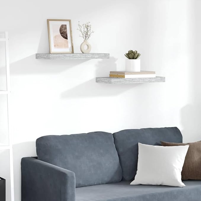 Floating Wall Shelves 2 Pack, Concrete Gray Modern Display Shelves with Invisible Mounting, 19.7x9.1 Inches MDF Board for Living Room Bedroom Office Decor, Holds 15.4 lbs Each