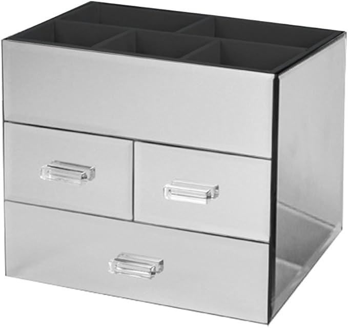 OnDisplay Miro 3 Drawer Mirrored Glass Makeup Organizer – Tiered Cosmetic Storage Box with Velvet Lined Compartments, Crystal Handles & 3 Pull Out Drawers for Vanity, Jewelry & Brushes (Silver)