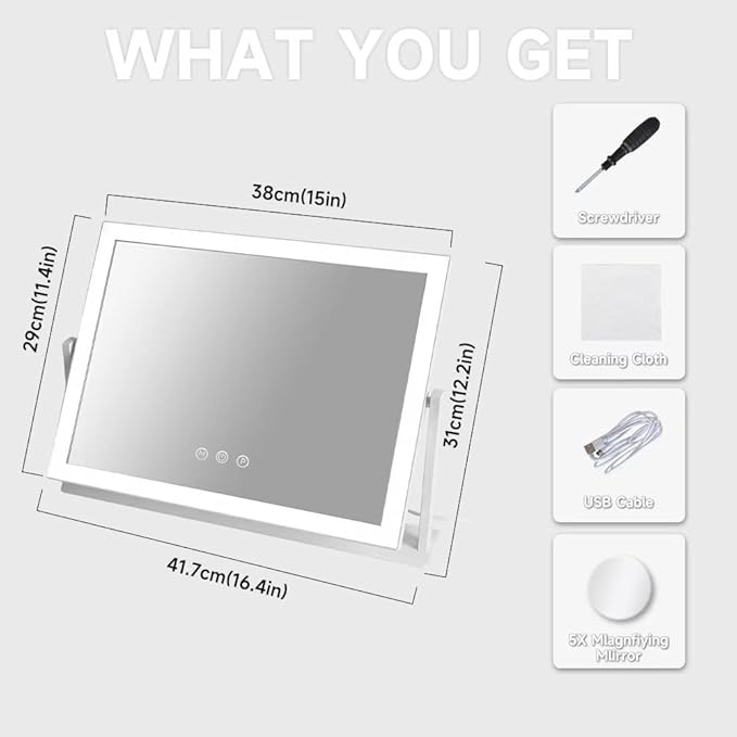Vanity Mirror with LED Lights, 16.4x12.2 Inch Makeup Mirror, 3-Color Dimmable Touch Screen, 5X Magnification, 360° Rotation, White Large Tabletop Mirror for Bedroom Vanity