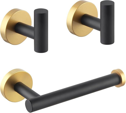 GERZWY Bathroom 3-Pieces Hardware Accessories Sets Stainless Steel - 2X Coat Hook Toilet Paper Holder (Black & Gold) AG1401B-BD