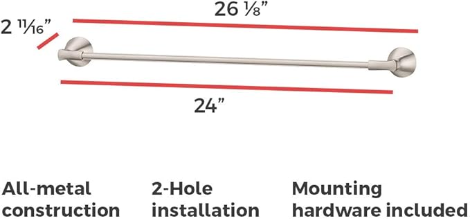 Pfister Willa Bath Towel Bar for Bathroom, 24-Inch, Wall-Mounted, Screw-In, Brushed Nickel Finish, BTBWLL2K