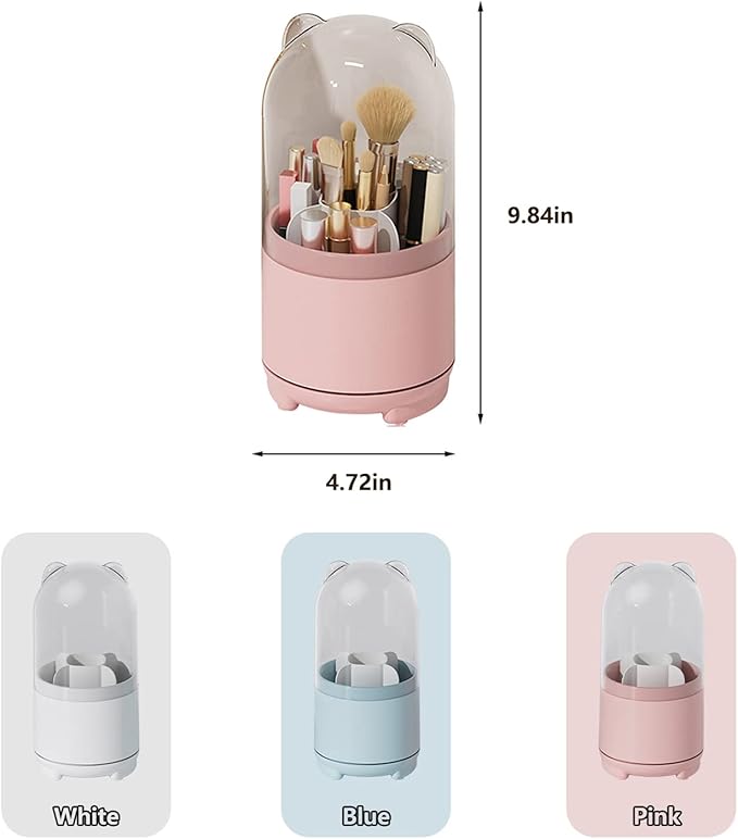 Cute Makeup Brush Holder Organizer with Lid, Rotating Dustproof Make Up Brushes Container with Clear Acrylic Cover for Vanity Desktop Bathroom Countertop