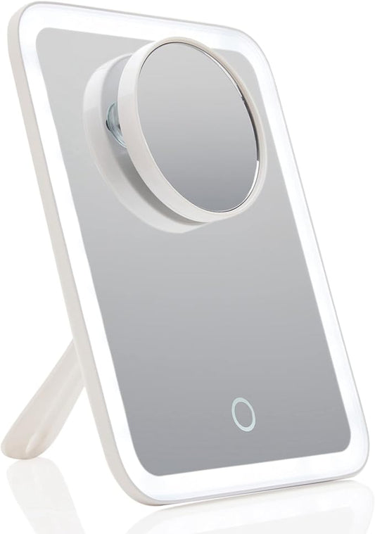 Fancii Rechargeable LED Travel Makeup Mirror with 3 Color Settings - Detachable 10x Magnifying Mirror, Dimmable Touch Light, Adjustable Kickstand, Lighted Portable Vanity Mirror (Aura Go 2)