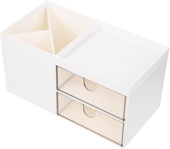 Lurrose Desktop Makeup Organizer Drawer with Multi-grid Plastic Storage Case, Ivory White Vanity Holder for Home and Office Cosmetic and Skincare Accessories