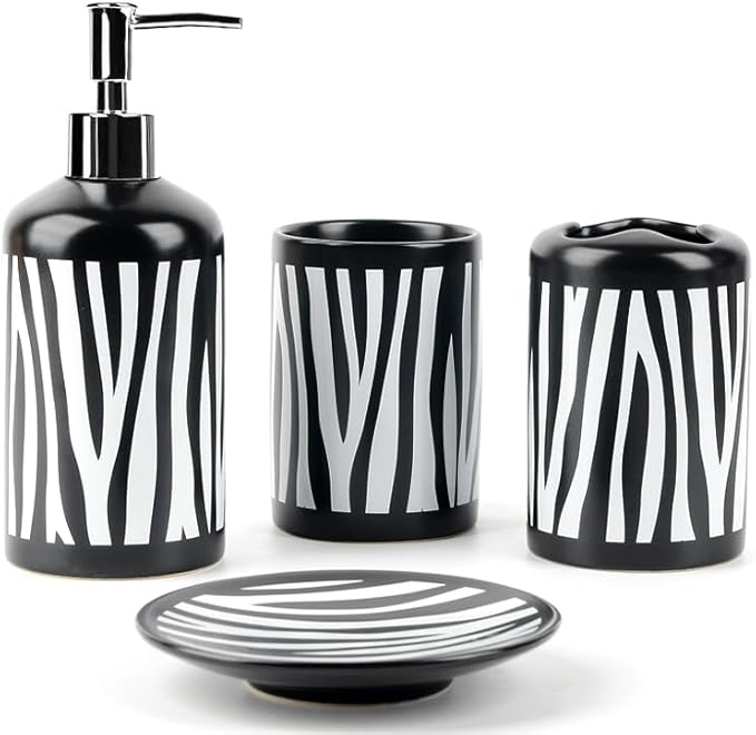 WPM 4 Piece Ceramic Bathroom Accessories Set - Zebra Print - Our Complete Bath Decor Kit Includes Designer Soap or Lotion Dispenser - Toothbrush Holder - Tumbler - Soap Dish