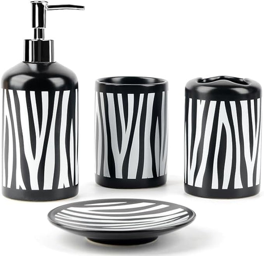 WPM 4 Piece Ceramic Bathroom Accessories Set - Zebra Print - Our Complete Bath Decor Kit Includes Designer Soap or Lotion Dispenser - Toothbrush Holder - Tumbler - Soap Dish
