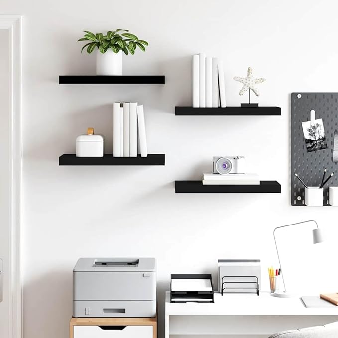 Wall Shelf Set of 4, Floating Shelves for Wall Decor, Modern Matte Black Rectangular Display Shelves for Bedroom, Living Room, and Office Storage