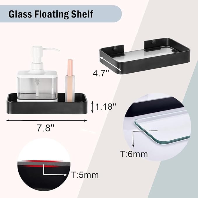 Z metnal Small Glass Bathroom Shelves, Matte Black Floating Shelf, Mini Wall Shelf Organizer, Wall Mounted (Clear Glass, 8 inch/20cm), 1 pcs