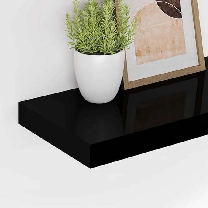 Floating Wall Shelf, Modern High Gloss Black Display Ledge, 35.4 Inch Decorative Storage Rack for Bedroom, Living Room, and Office, Wall Mounted MDF Shelf
