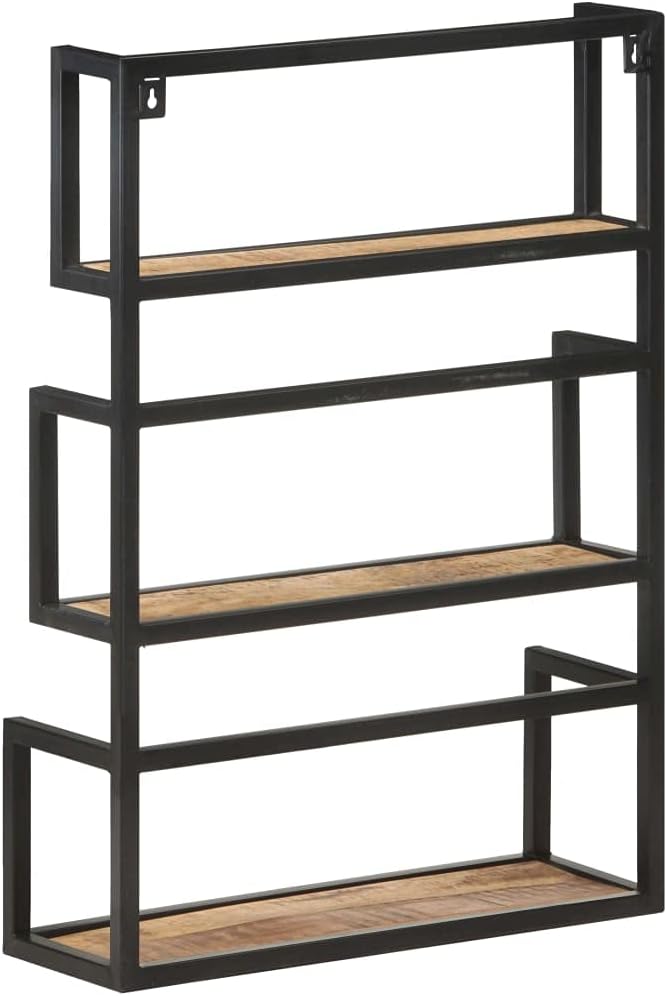 Rustic Wall Shelf with Iron Frame, 3-Tier Mango Wood Floating Shelves 23.6x7.9x33.5 Inches, Natural Wood Grain for Living Room, Bedroom, Bathroom Decor, Sturdy Storage for Books and Plants