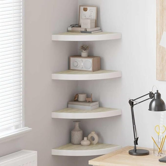 Wall Corner Shelf Set of 4, Floating Triangle Shelves for Bedroom Living Room, Modern Oak and White MDF Decorative Corner Storage Organizers, 13.8 Inch