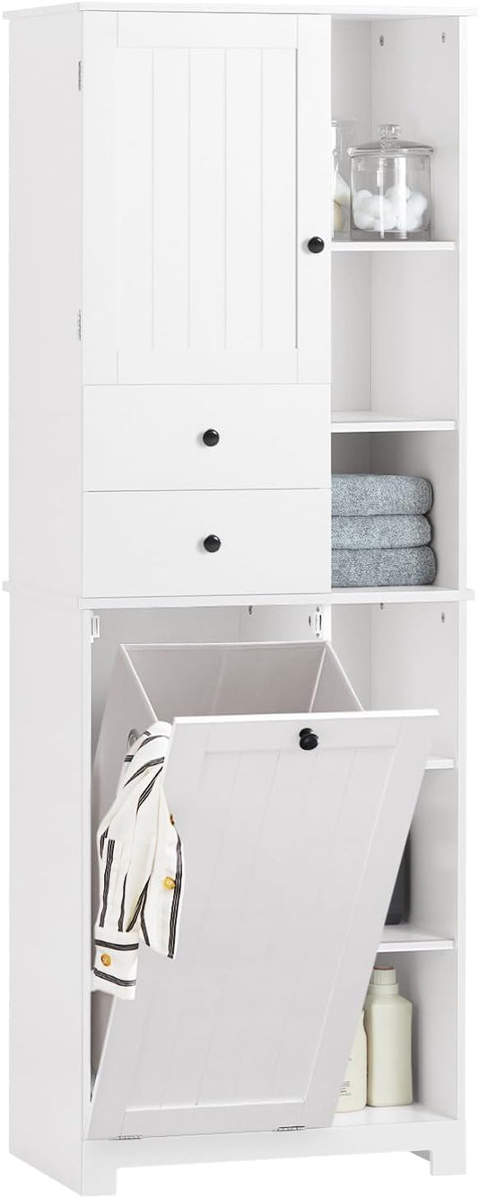 SoBuy Tall Tilt-Out Laundry Hamper Cabinet with Removable Basket and Shelves, Freestanding Laundry Storage Cabinet for Laundry Room or Bathroom, Modern White Laundry Furniture BZR104-W